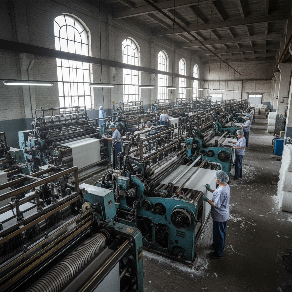 Workers in a textile factory operating sewing machines