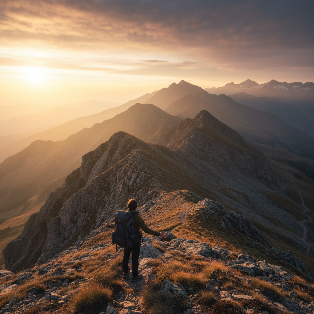 Hiker standing on a mountain ridge at golden hour with a backpack, wide open sky