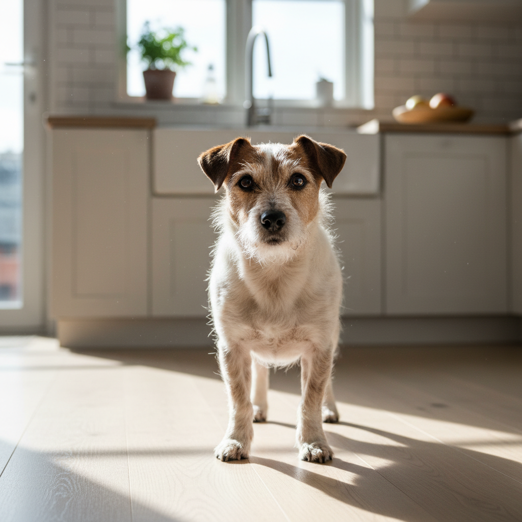 Small terrier dog standing on a clean kitchen floor looking alert and calm