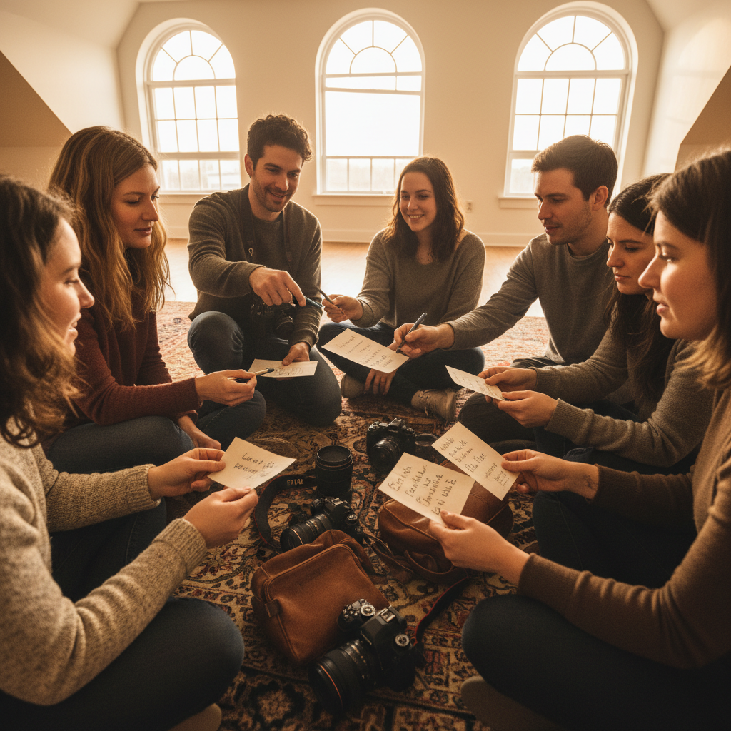 Photographers in a circle sharing handwritten notes about their creative blocks, intimate and trusting atmosphere