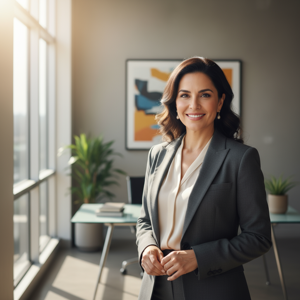 Professional Latin woman executive with confident smile, elegant office setting