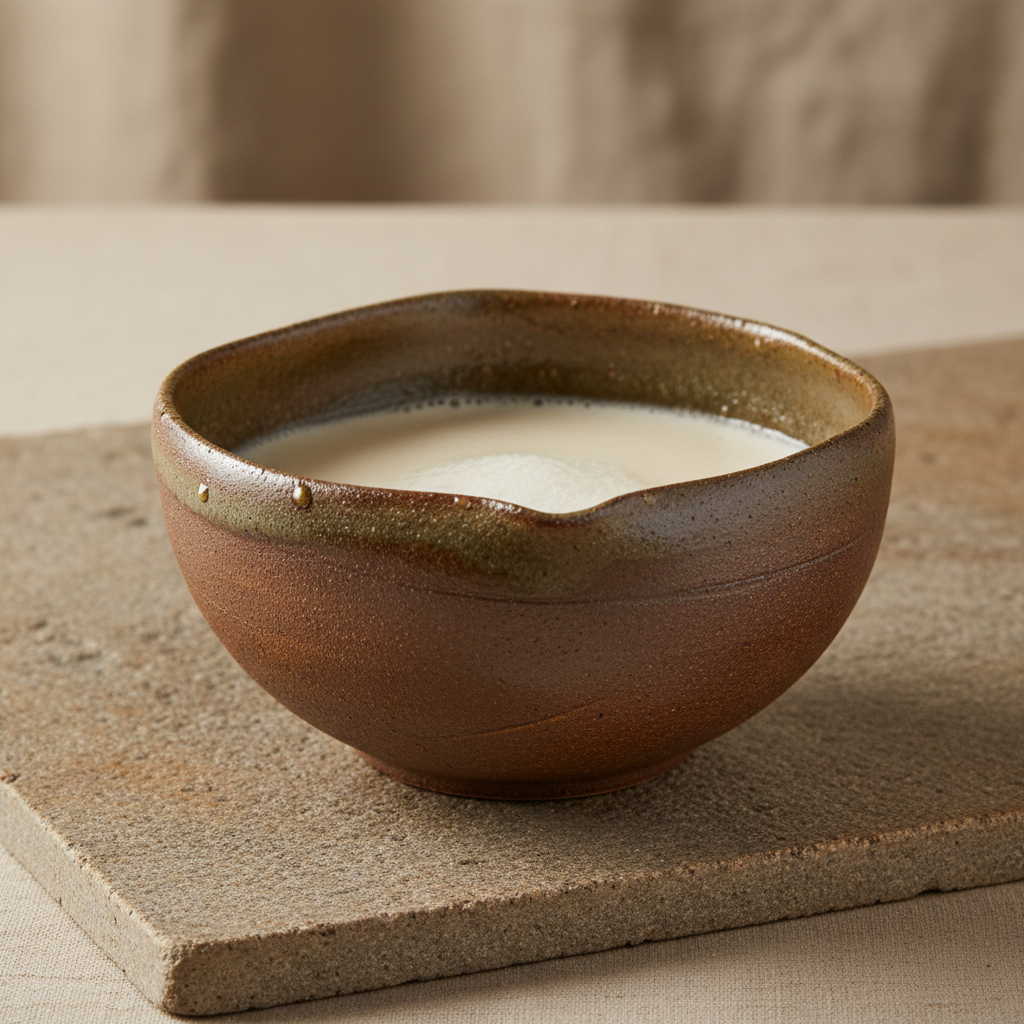 Rich dark honey with smoky amber tones in rustic ceramic bowl, dim warm lighting