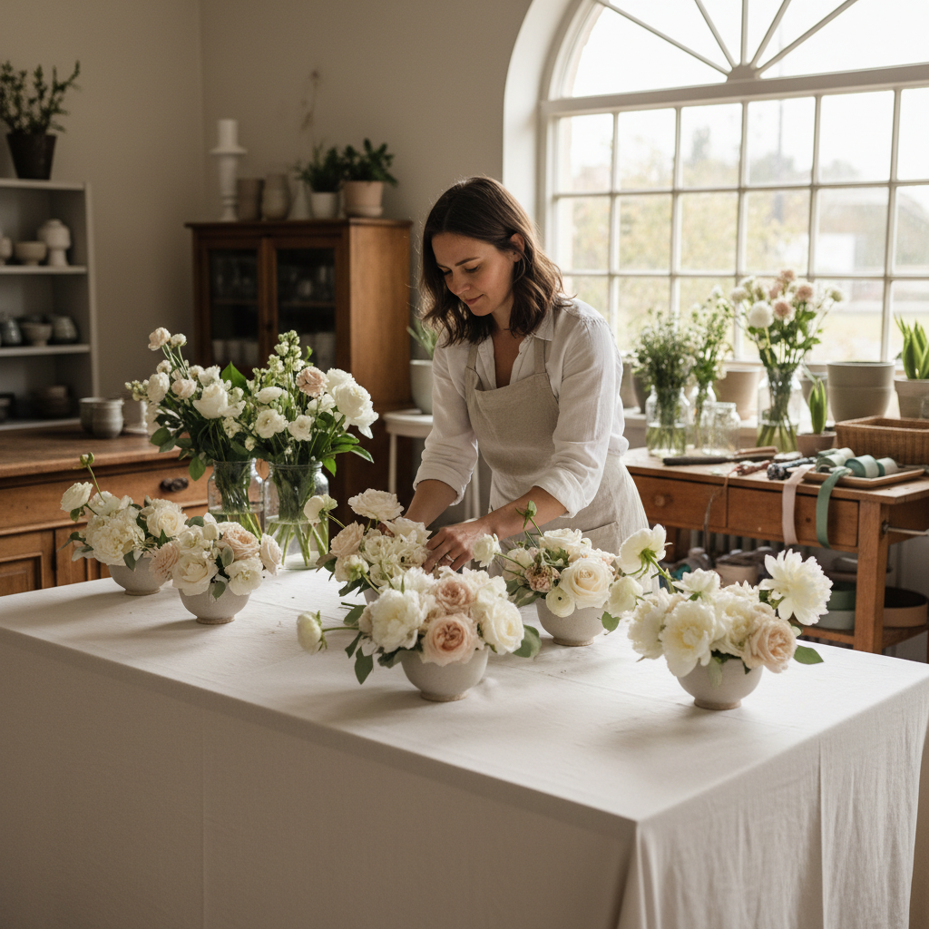 Soft blush mixed flower table centerpiece with peonies and roses