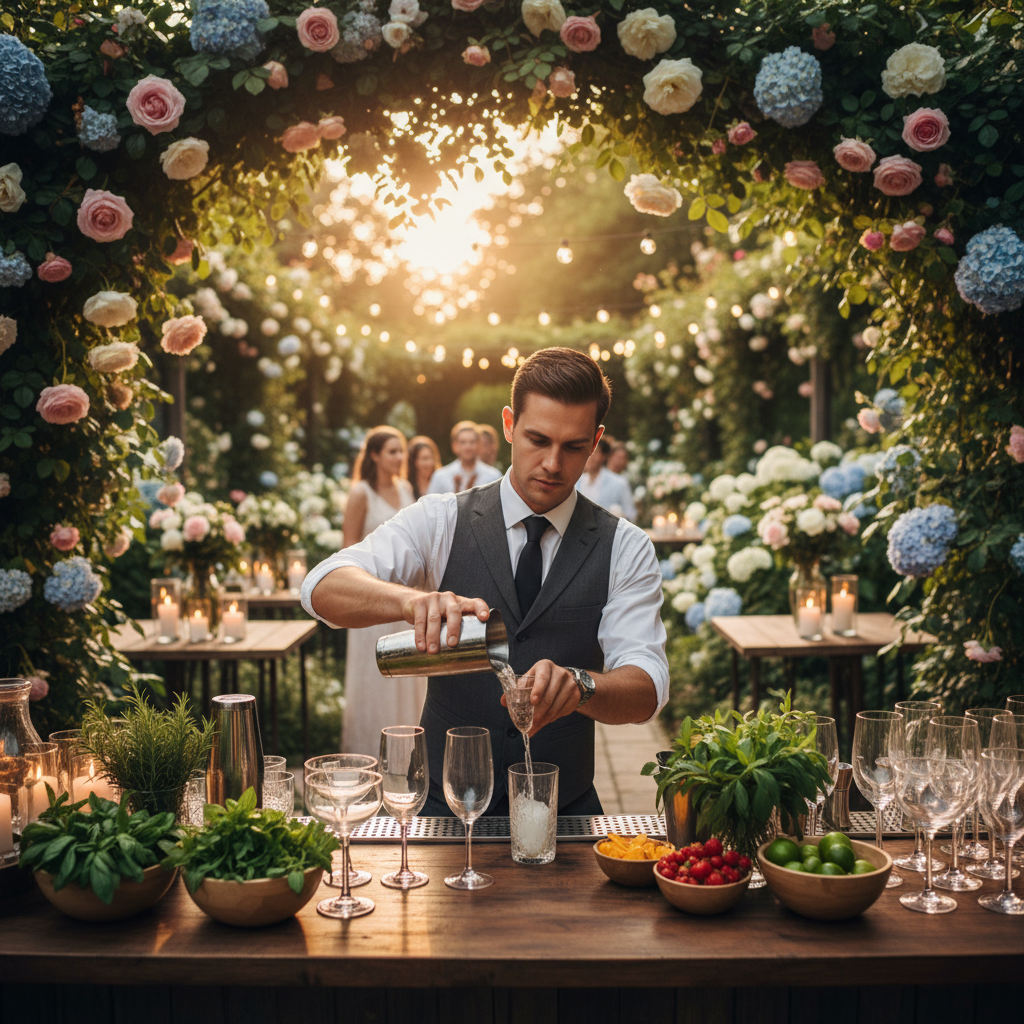 Bartender crafting cocktails at an intimate garden wedding with elegant glassware and fresh botanicals