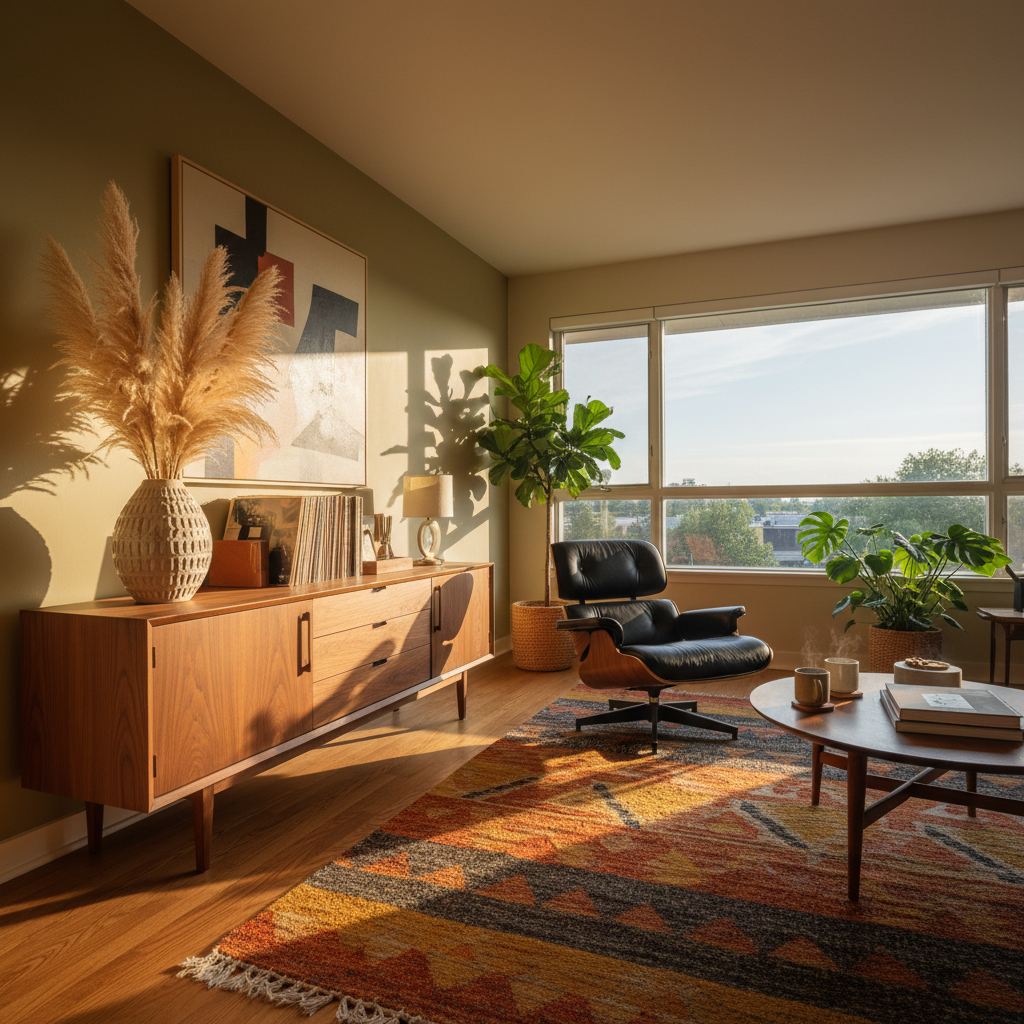 Warm mid-century living room with walnut credenza, molded plywood lounge chair, ceramic vase with dried pampas grass, and thick wool rug in golden afternoon light