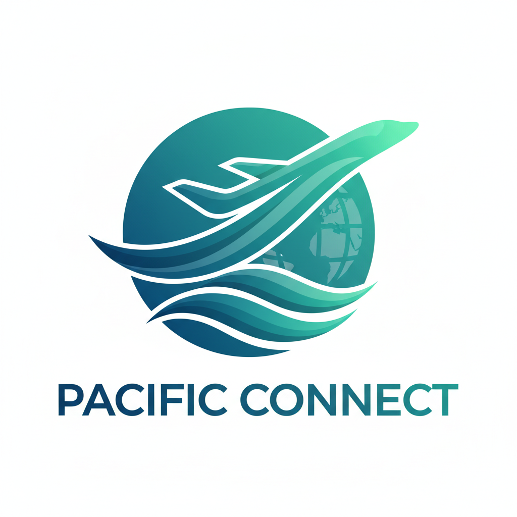 Pacific Connect logo showing modern jet aircraft over ocean waves in teal colors