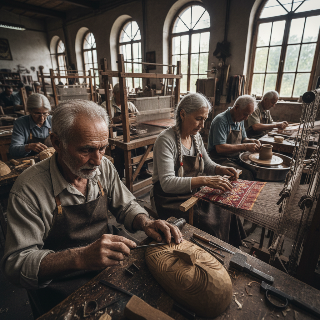 Artisan weaving handcrafted textiles at a cooperative workshop