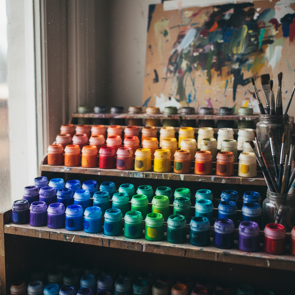 Rows of miniature paint pots in earth tones and jewel colours arranged on a wooden shelf in a studio