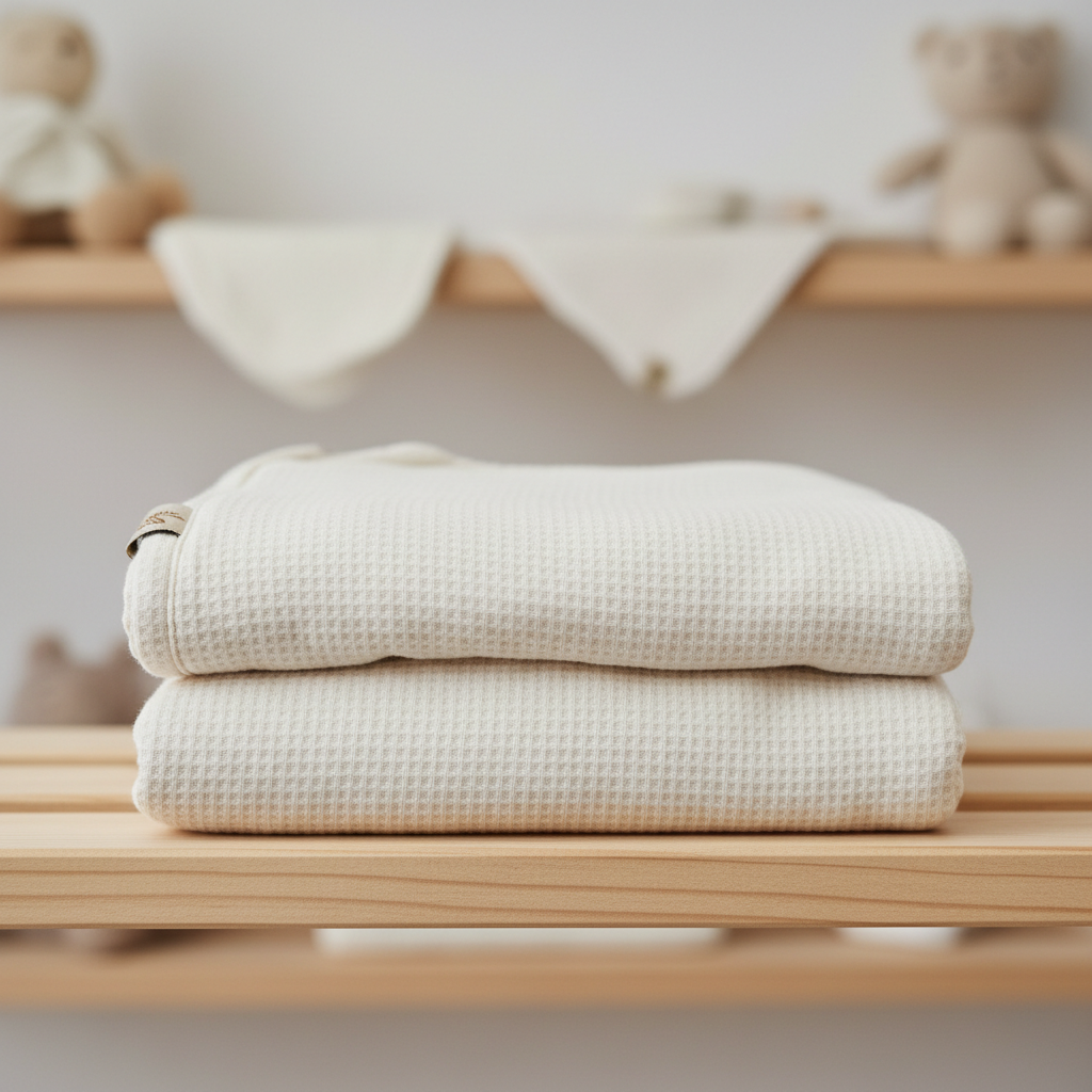 Plain cotton sleep sack folded on shelf
