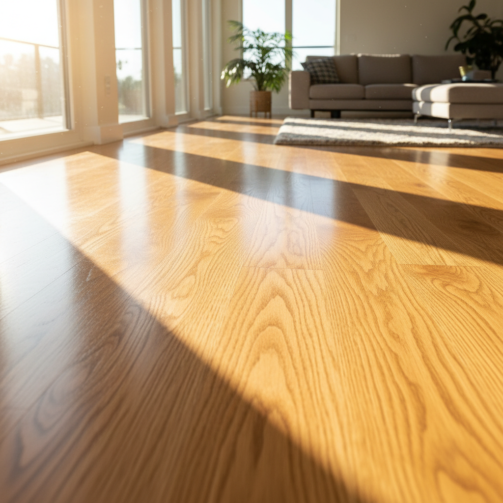 Wide-plank hardwood flooring installation in a dark atmospheric modern home with warm undertones and dramatic low-key lighting across the floor surface