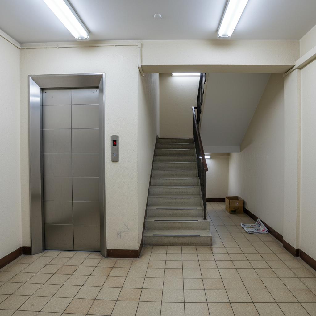 Hong Kong apartment building lobby with freight elevator and narrow stairwell typical of Kowloon residential buildings