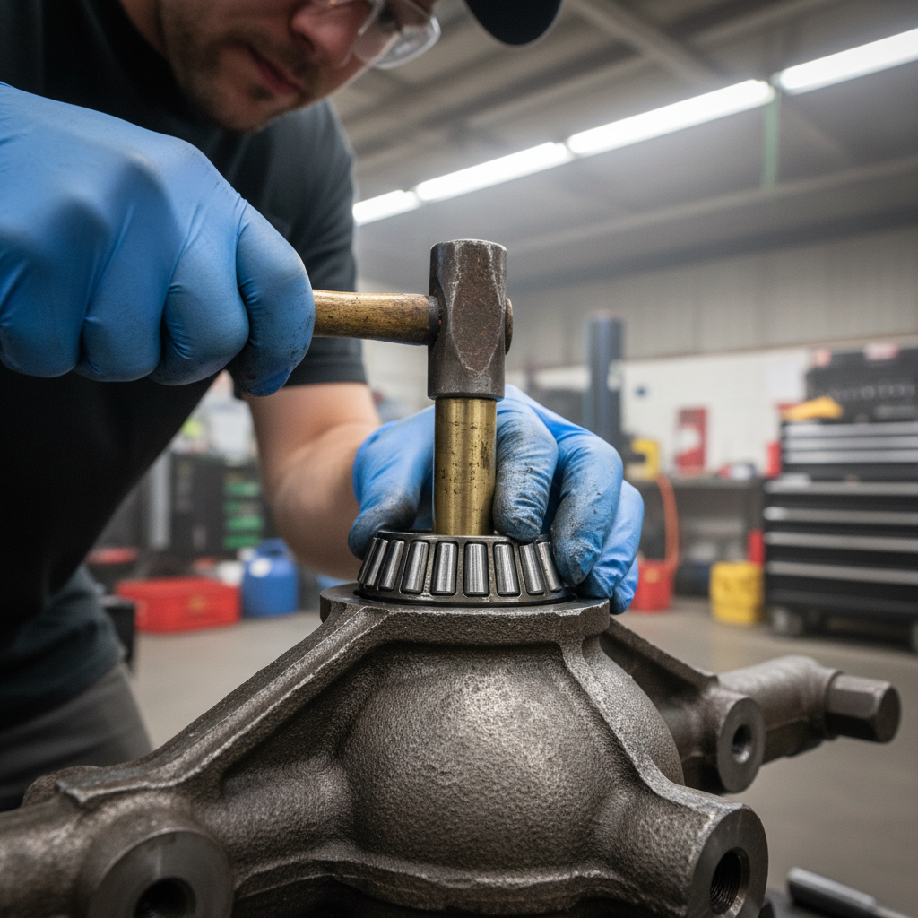 Mechanic in blue gloves shimming pinion bearings on a Dana 44 axle in a garage