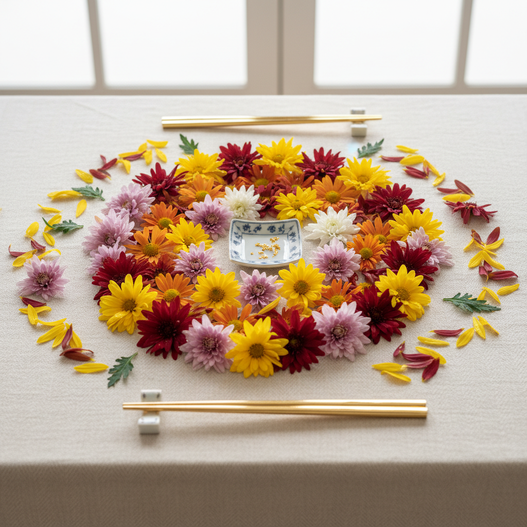 Hand-arranged chrysanthemum tablescape with gold chopsticks on ivory linen