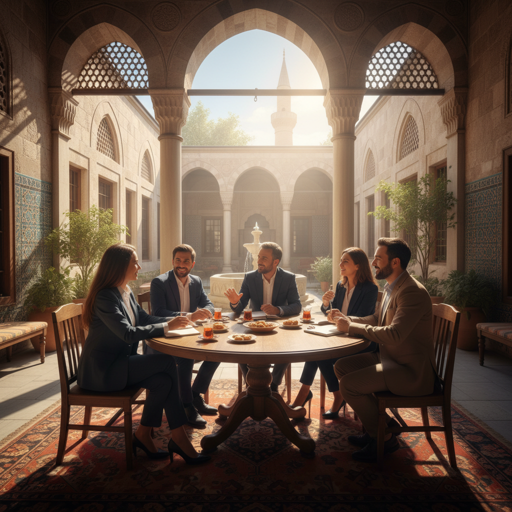 Small group of professionals gathered around a table in a traditional Turkish courtyard with tea and discussion