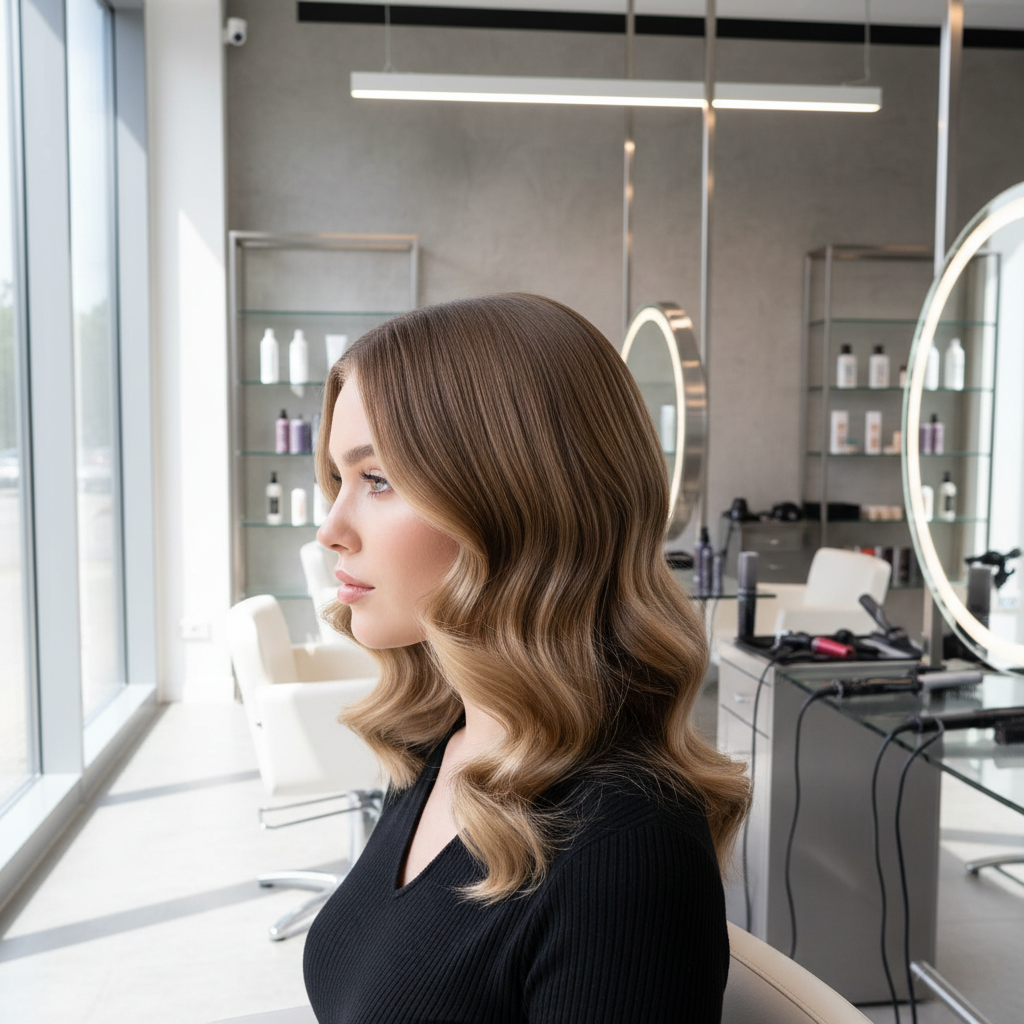 Woman wearing a beautiful long wavy wig styled in a bright, modern salon