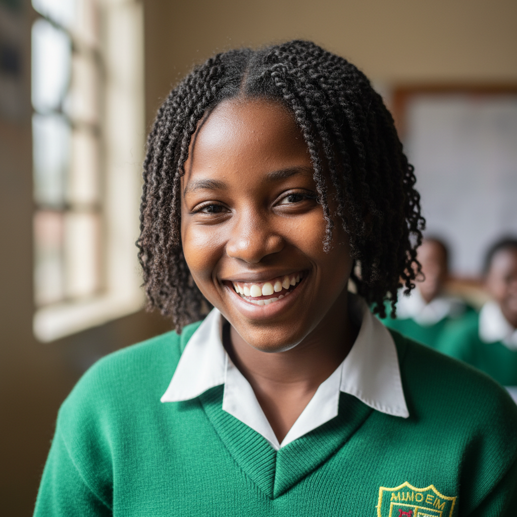 Kenyan woman with natural hair and warm smile