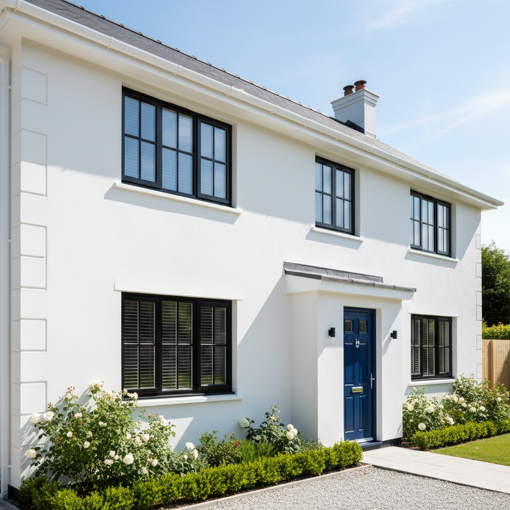 Complete home exterior renovation with new siding and eavestrough, bright suburban daylight