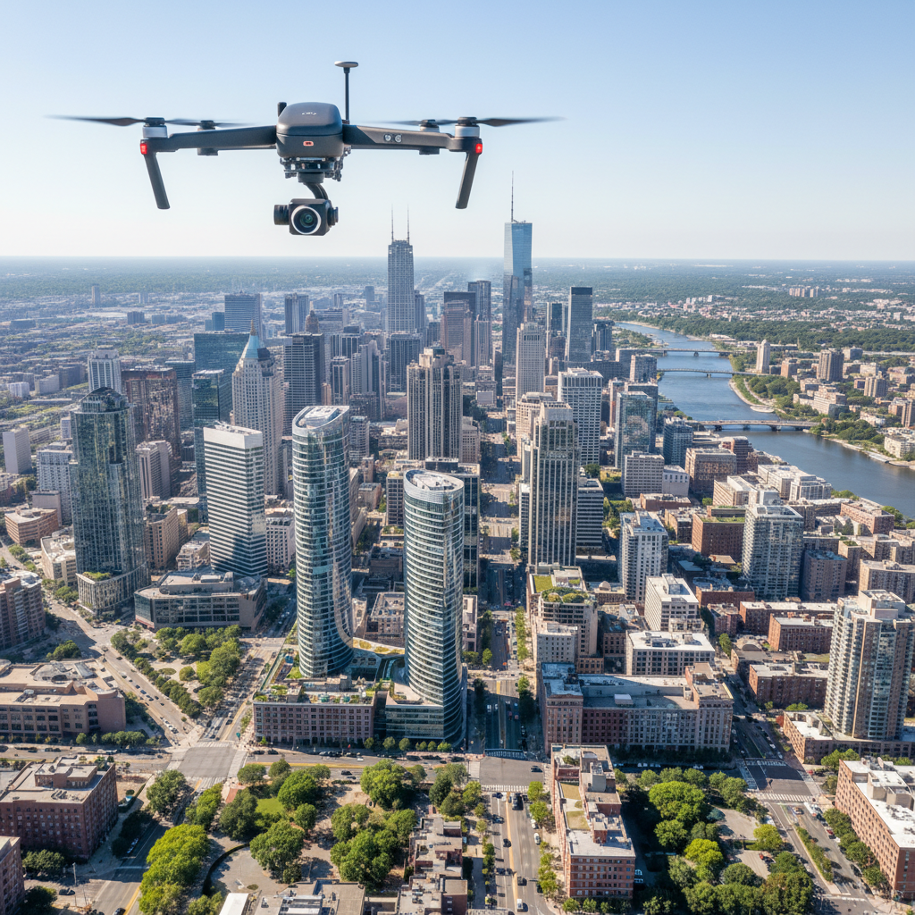 Black quadcopter drone hovering over dark landscape with city lights below