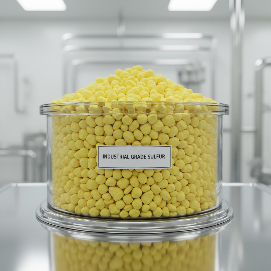 Yellow elemental sulphur granules in industrial storage, bright yellow chemical