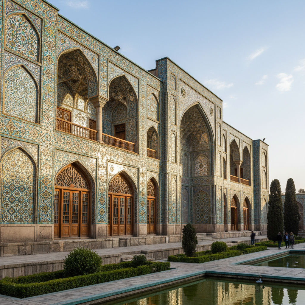 Elegant Persian mansion with ornate mirror work, painted ceilings, and traditional courtyard fountain