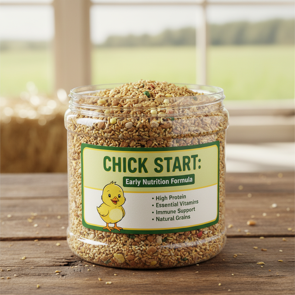 Bag of starter chicken feed pellets with nutritional information label
