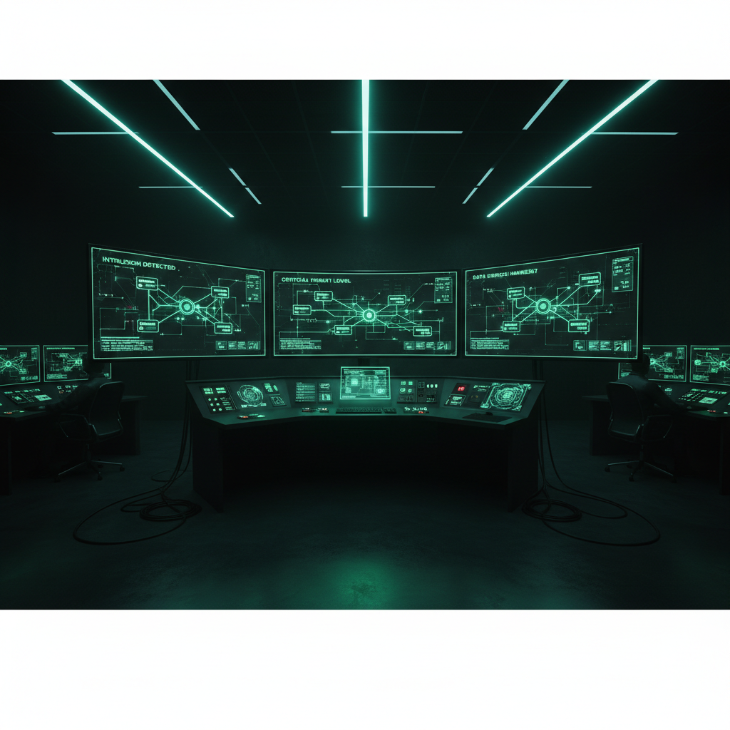 Dark hacker-style dashboard with red warning indicators and network topology map, low-key lighting