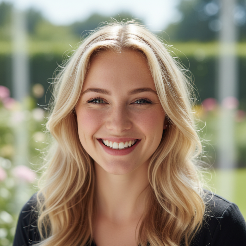 Woman with blonde hair laughing, bright cheerful expression, outdoor natural light
