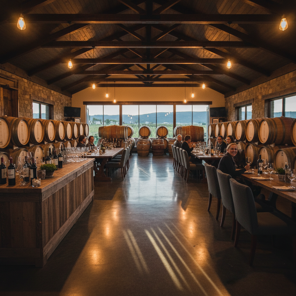 Winery tasting room with polished concrete floor reflecting wine barrels and pendant lighting