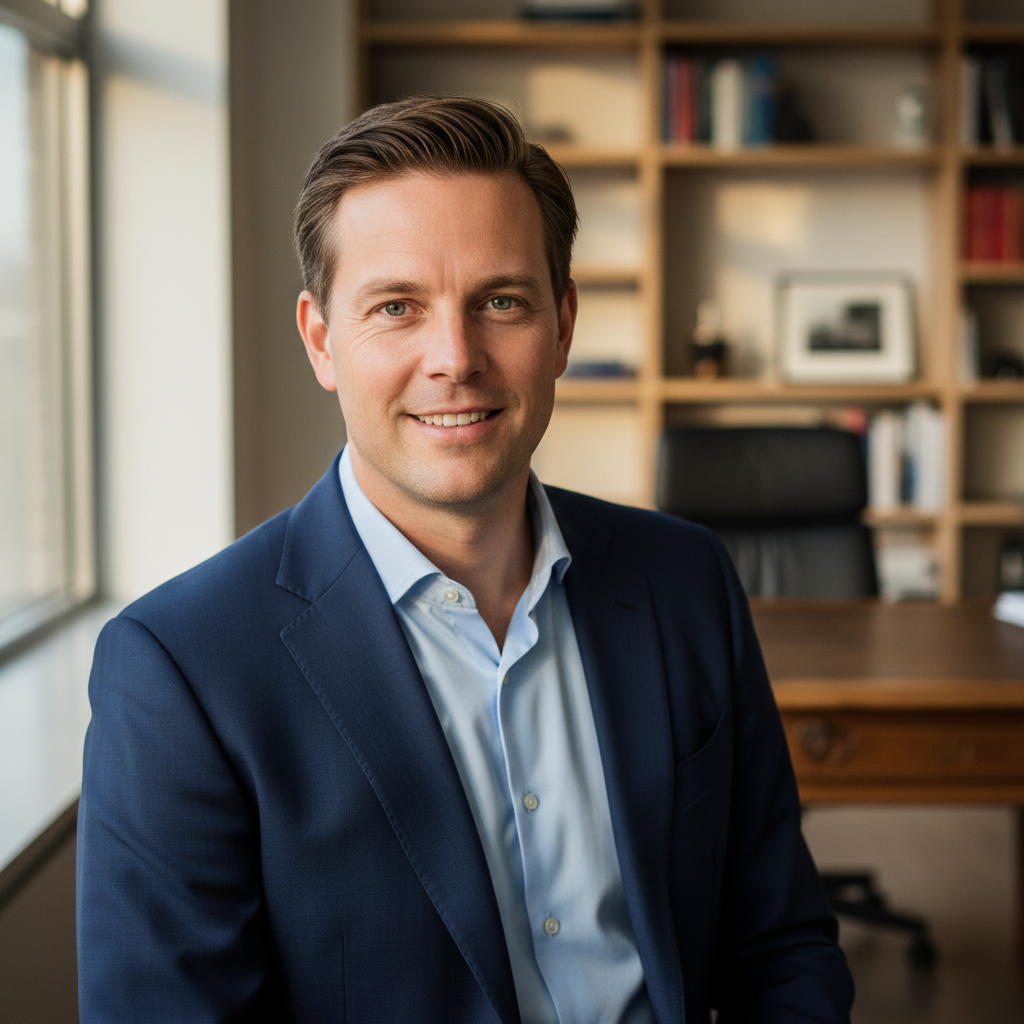 Dutch man in business casual attire, confident professional headshot, office background