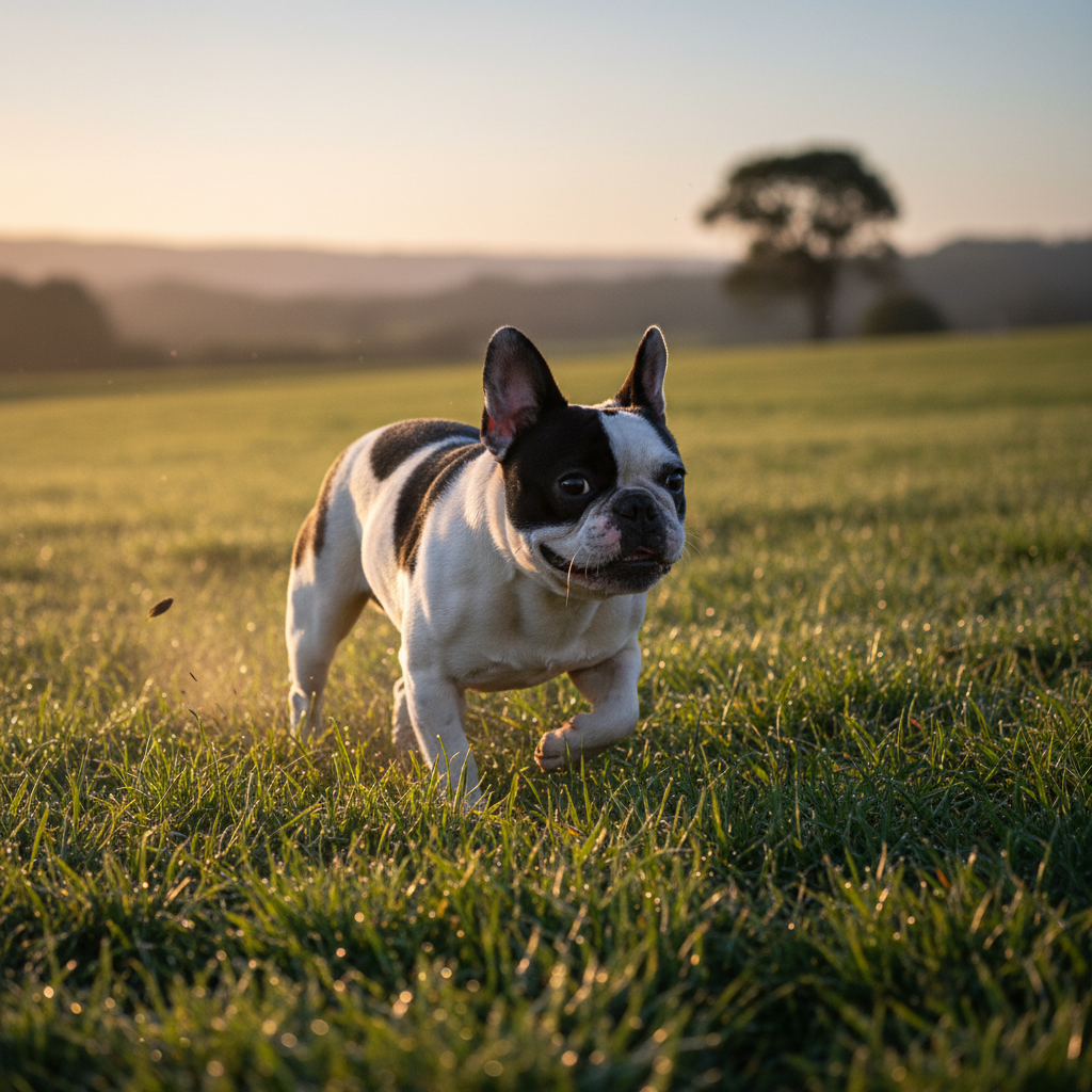 Pied French Bulldog running on grass in afternoon light