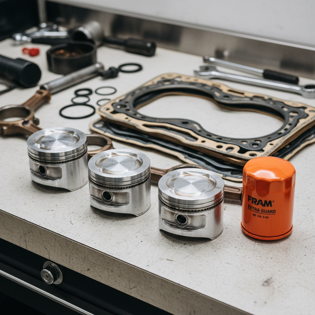 Orange and green Castrol engine oil canister on a clean workshop workbench with tools in the background