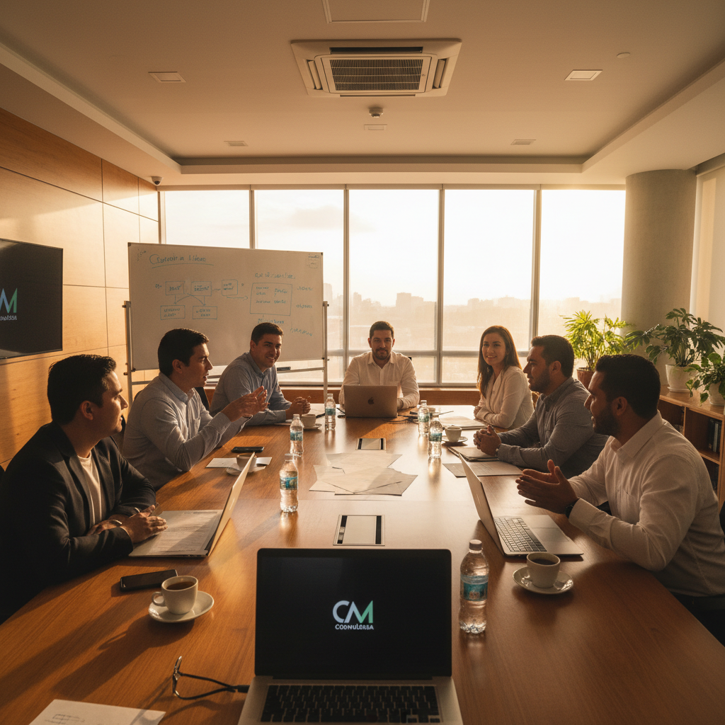 Equipo de Coomuldesa en reunión colaborativa con ambiente cálido y profesional
