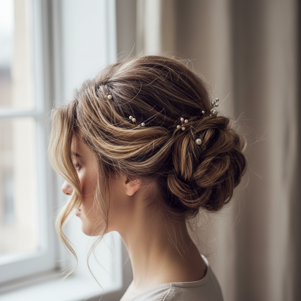 Editorial updo with intentional undone texture and pinned volume