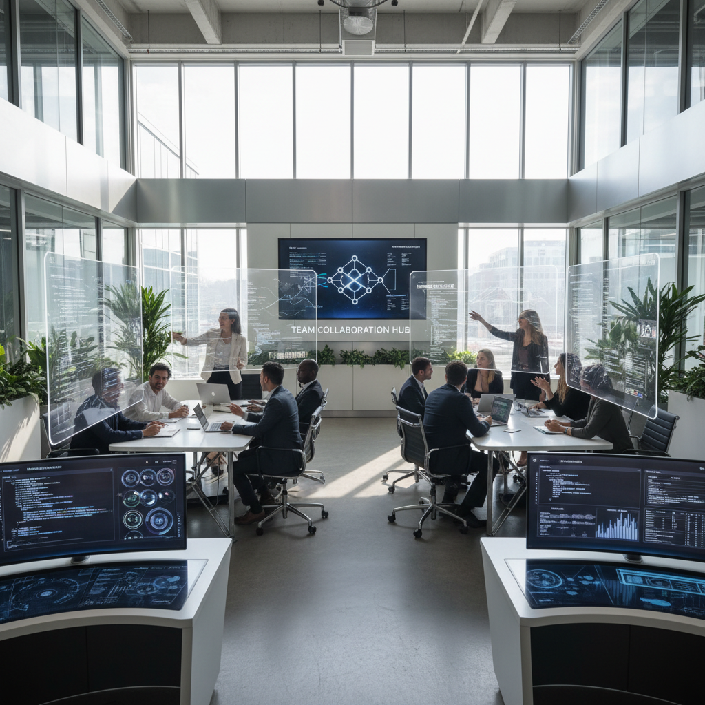 Professional team collaborating on innovative technology solutions in modern office environment