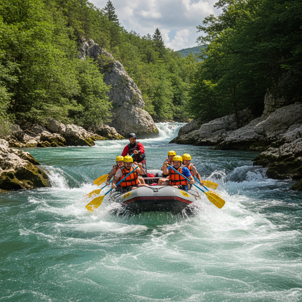 White water rafting on Una River with professional guide and safety equipment in Bosnia canyon