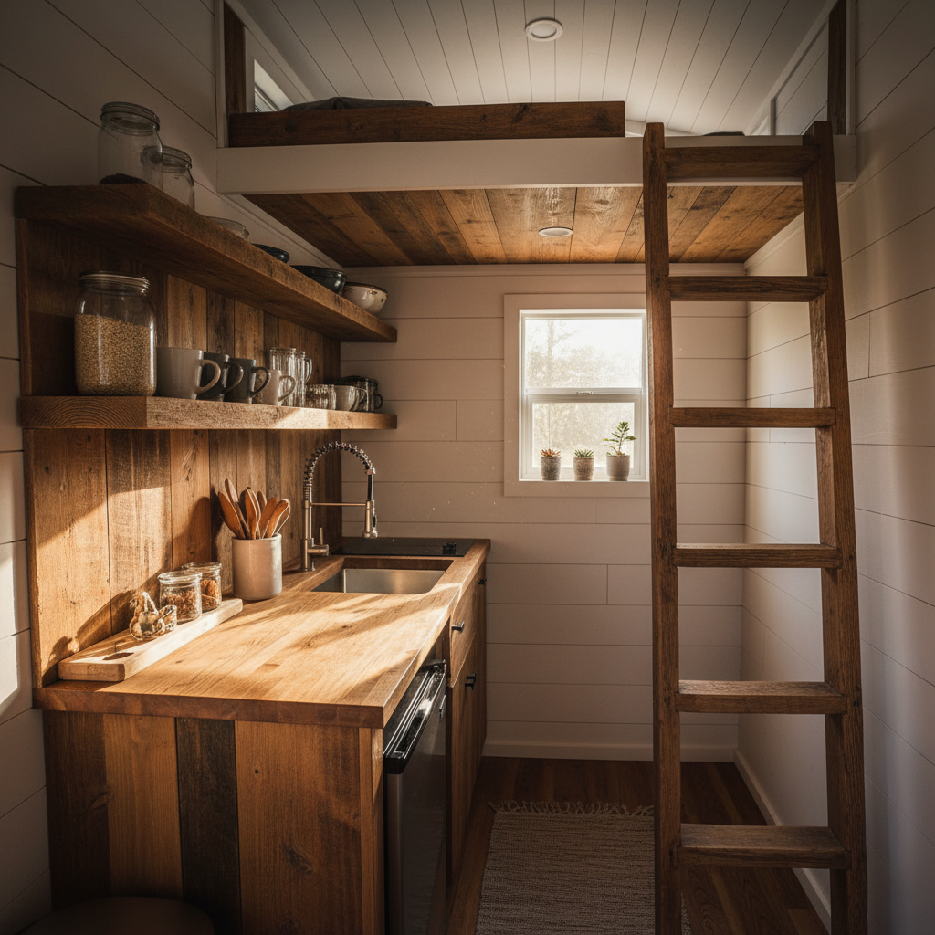 Interior of a tiny house showing a compact kitchen with wooden shelves, warm light streaming through a small window above a loft ladder