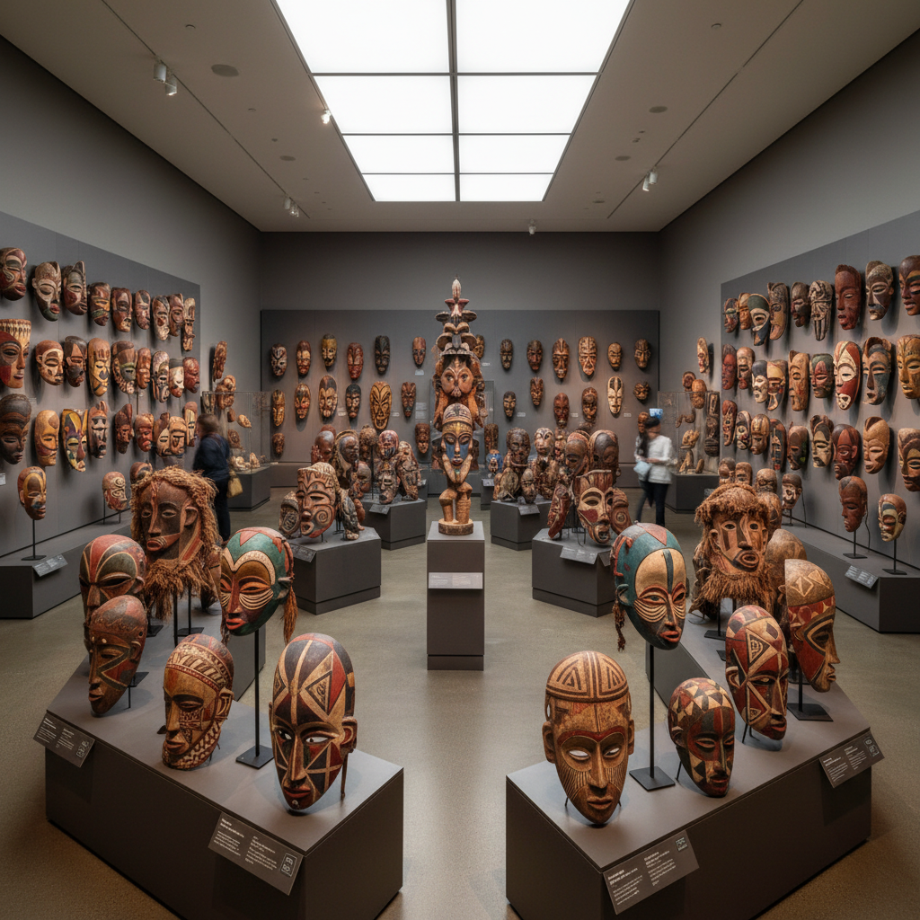 Groupe d'adultes en visite guidée dans un musée, guide montrant des masques africains colorés