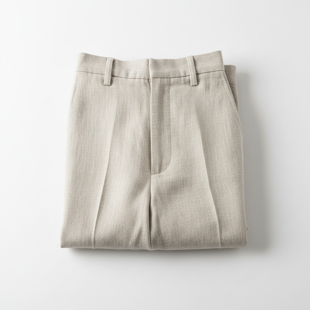 Linen trousers folded neatly showing the hand-pressed crease and natural linen color with slight variation