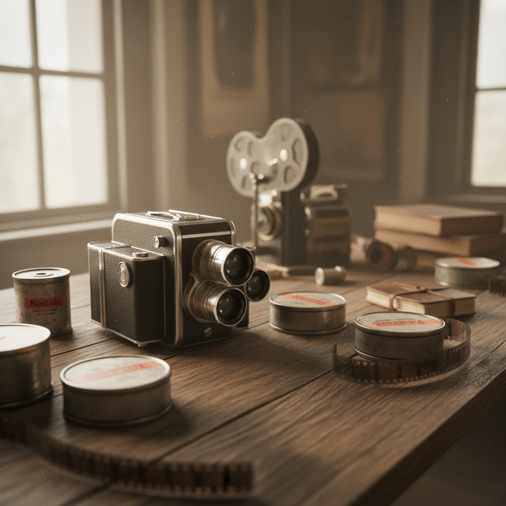 Vintage 16mm camera on a wooden desk beside film canisters