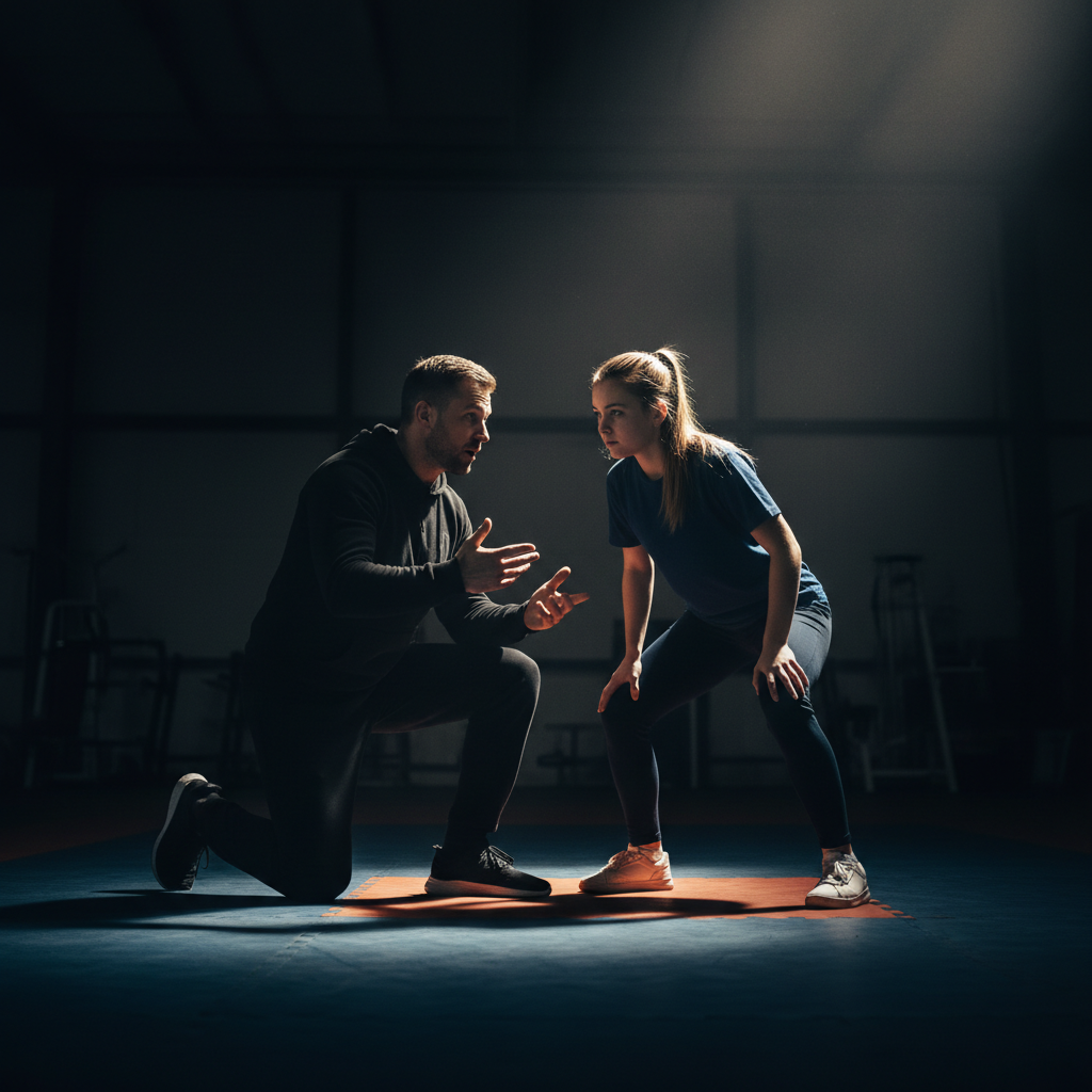 Personal trainer coaching a member — dark gym, focused training session, trainer pointing at proper form