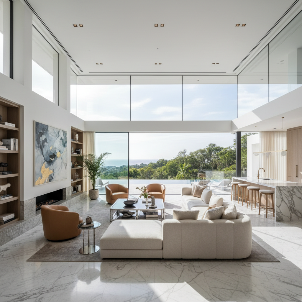 Beautifully furnished luxury villa interior with open-plan living area and tropical garden view