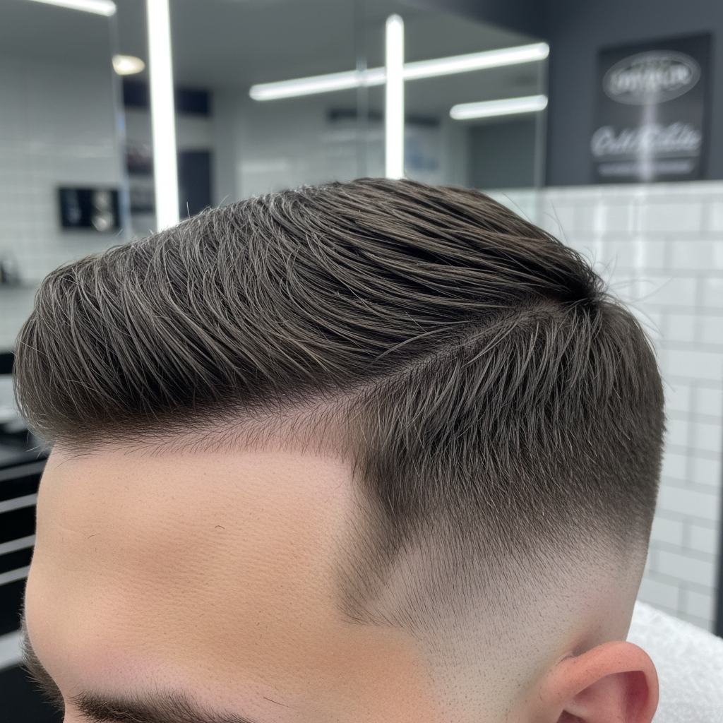Close up skin fade haircut with sharp taper and clean lines, dark barbershop background