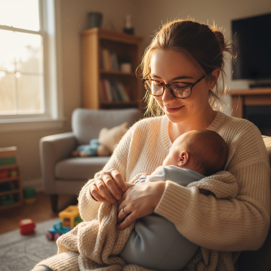 Sibling carer, young woman with glasses