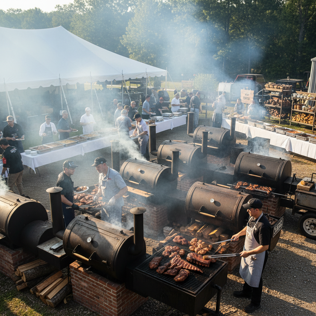 Large scale BBQ catering operation with multiple smokers at corporate event