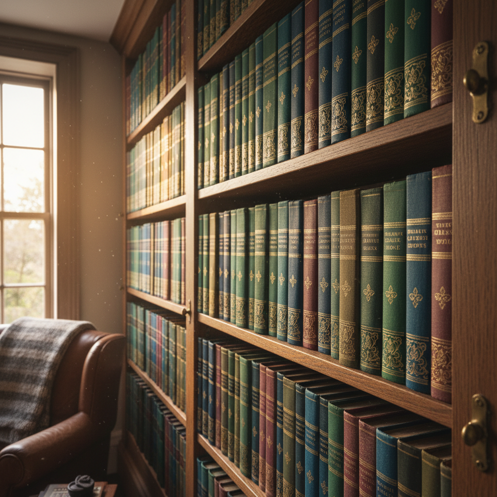 Traditional case-bound books with cloth covers and gold-stamped spines arranged on wooden shelf