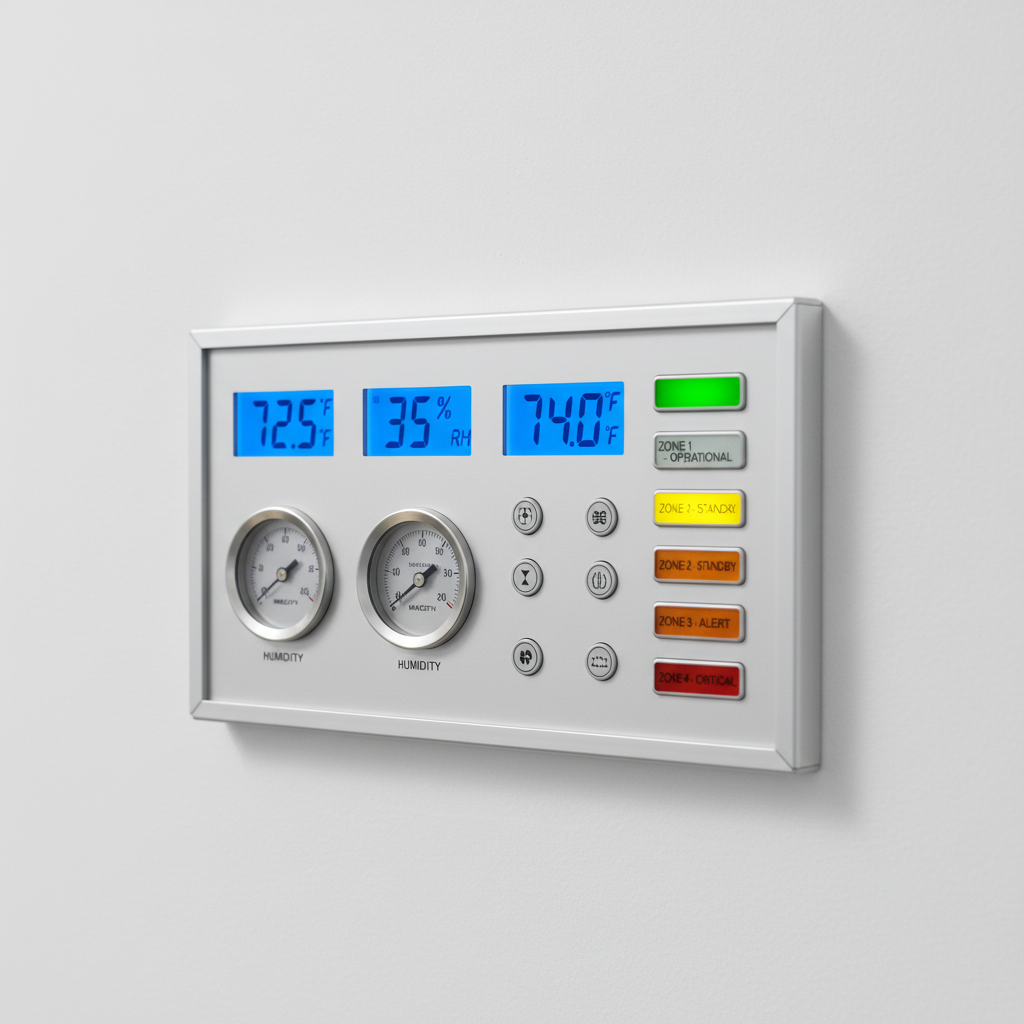 HVAC control panel with digital temperature readouts, humidity gauges, and color-coded zone indicators mounted on clinical white wall