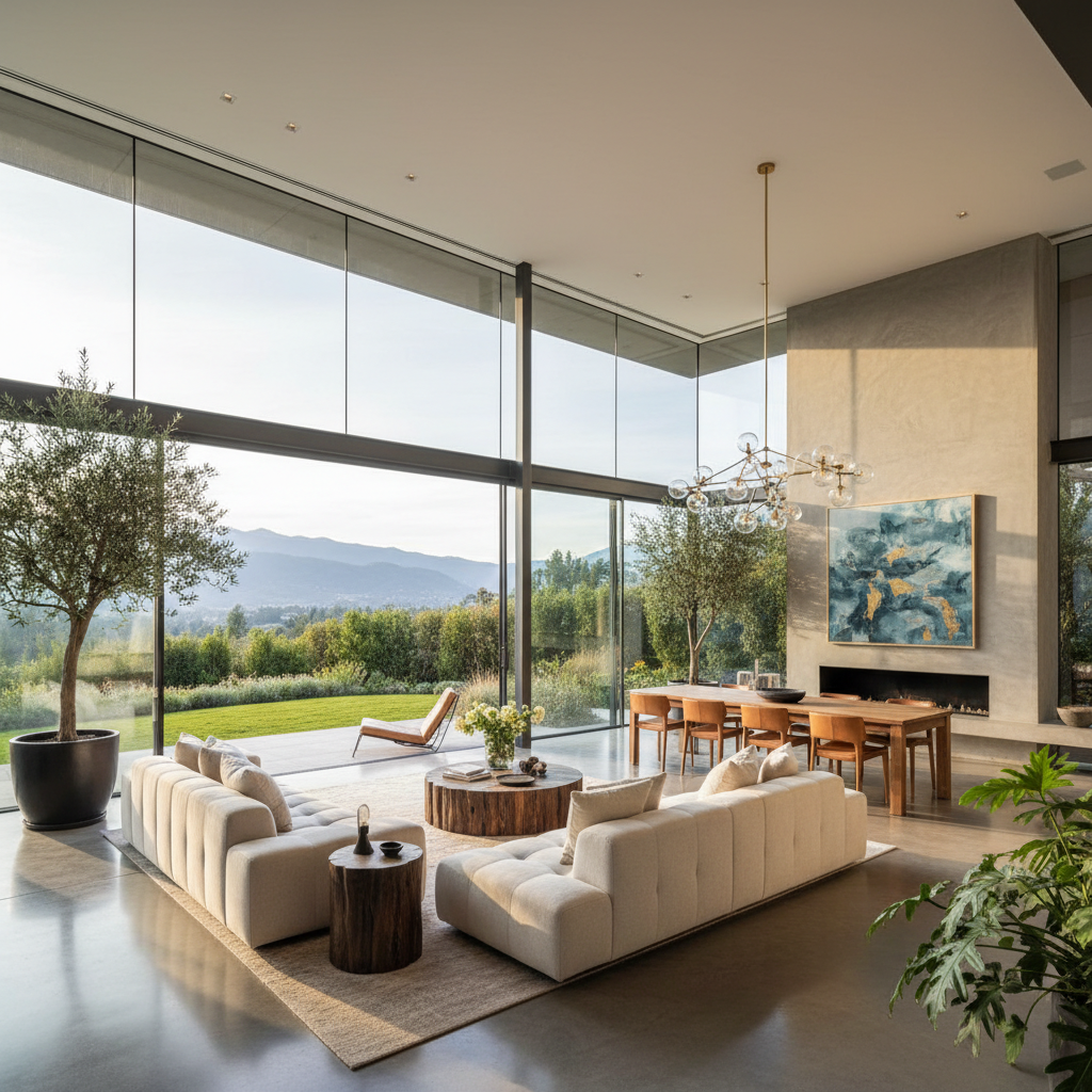 Completed luxury new build residence with raking afternoon light across polished concrete floors