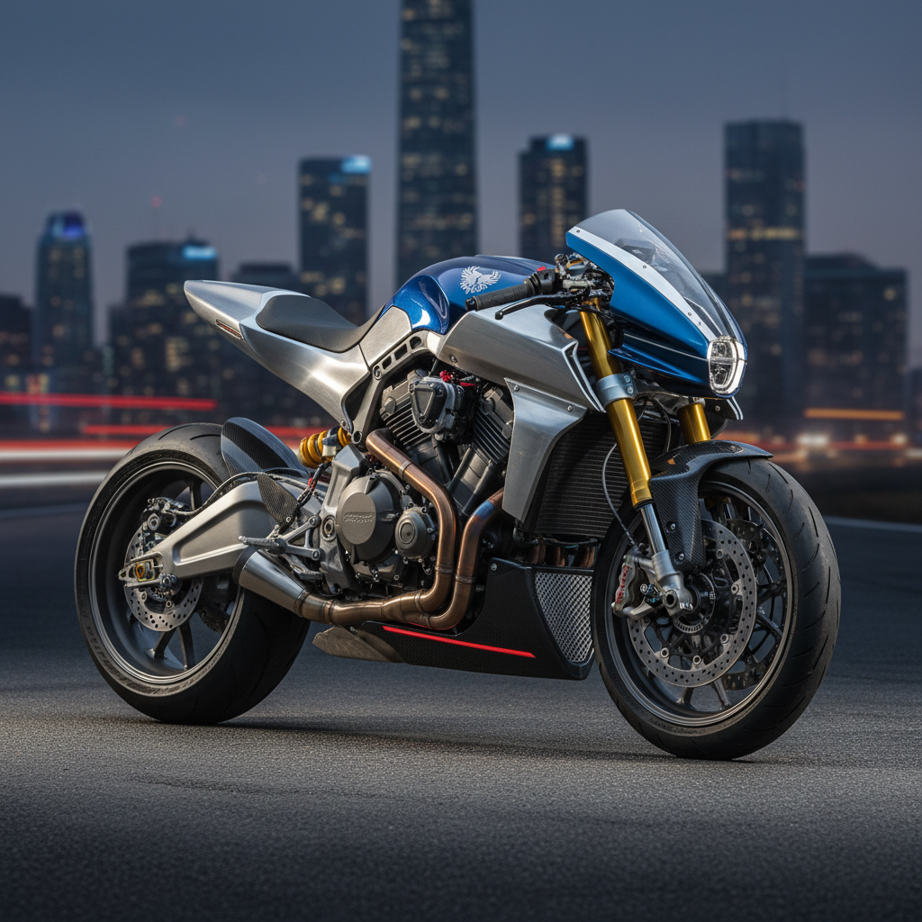 Bajaj Pulsar NS200 azul en carretera con fondo de ciudad al anochecer