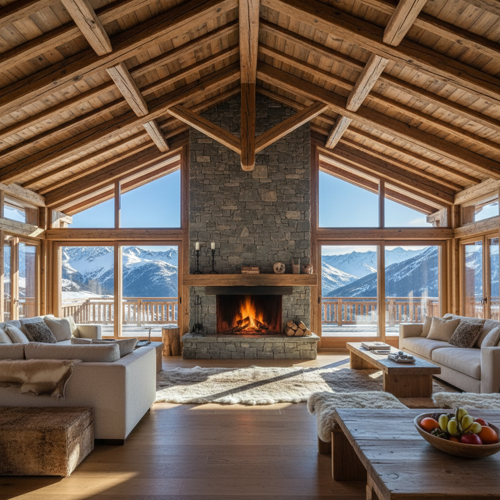 Alpine chalet interior with exposed timber beams, stone fireplace, and panoramic mountain views through large windows