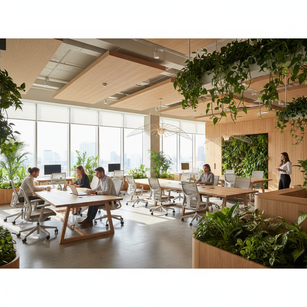 Open plan corporate office with biophilic design elements, natural wood furniture, and abundant natural light through large windows